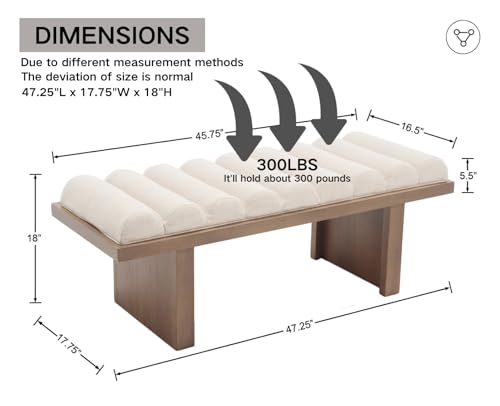 CIMOTA Modern Bedroom Bench, 47 Inch Upholstered End of Bed Bench Padded Entryway Bench with Cylindrical Cushion/Wood Legs, Wooden Window Bench for Living Room/Hallway, Linen Beige - image 8