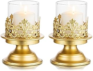 Sziqiqi Black Shabby Chic Pillar Candle Holder Set for Tables - Gothic Candlestick Holder Rustic Glass Hurricane Candle Holders Centrepieces for Mantlepiece Fireplace Dinner Desk Tabletop Ornament
