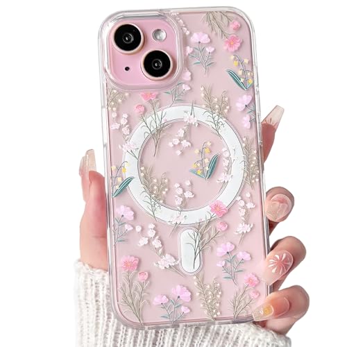 Lovmooful Magnetic Compatible for iPhone 15 Case Compatible for MagSafe Cute Clear Flower Floral with Aesthetic Design for Girls Women Soft TPU+PC Shockproof Protective Girly-Many Flowers