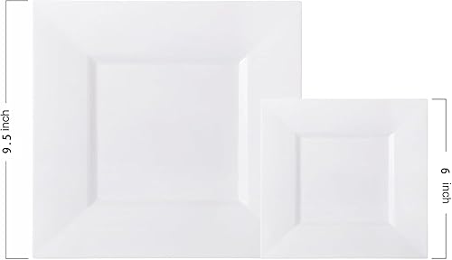 Miniatura 2 de Liacere 100 platos cuadrados blancos de plástico, 50 platos llanos resistentes de 9.5 pulgadas y 50 platos de postre de 6 pulgadas, platos