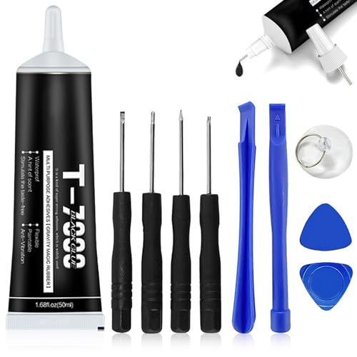 T7000 Super Glue,Phone Glue,Phone Screen Glue,Black Super Glue,Display Glue,High Performance Waterproof,Multi-Function Adhesive for Phone Jewelry Glass Wood Metal Fabric Crafts (50ml with Tools × 9)