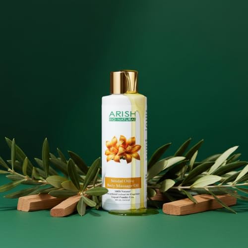 Image of ARISH BIO-NATURAL Sandal Olive Body Massage Oil | Nourishing Olive & Sandalwood Blend for Deep Hydation & Radiant Glow | Relaxing Full Body Oil for Men & Women | Suitable for All Skin Types | 200 ml