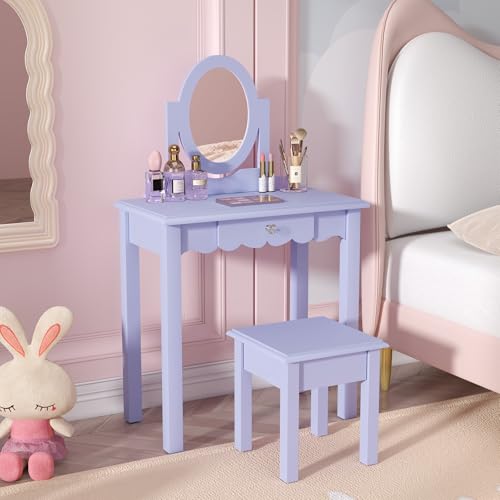Image of HLR Kids Vanity, Girls Vanity Set with Mirror and Stool, Wooden 2 in 1 Princess Makeup Desk Dressing Table with Detachable Top, Toddler Vanity Dresser Set with Drawer for Little Girls, Purple