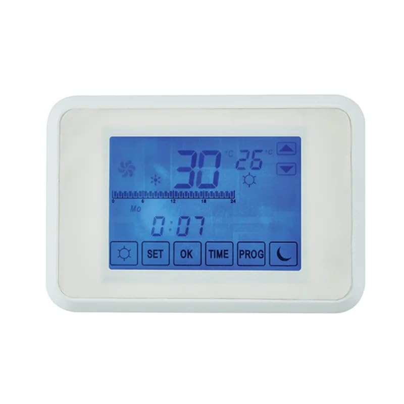 Chronotermostat LCD, ekran dotykowy, montaż na ścianie, programy dzienne i tygodniowe, do 5 programów do zapamiętywania, ogrzewania i chłodzenia, zasilanie bateryjne, 2-przewodowe, bojler