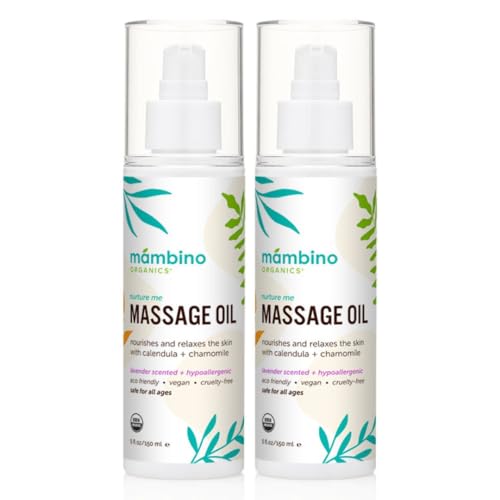 Massage Baby Oil – Organic, Nourishing with Egyptian Calendula, Chamomile & Lavender – Gentle for After-Bath Relaxing – Cruelty-Free Baby Oils for Baby & Kids by Mambino Organics, 2-Pack 5 fl oz