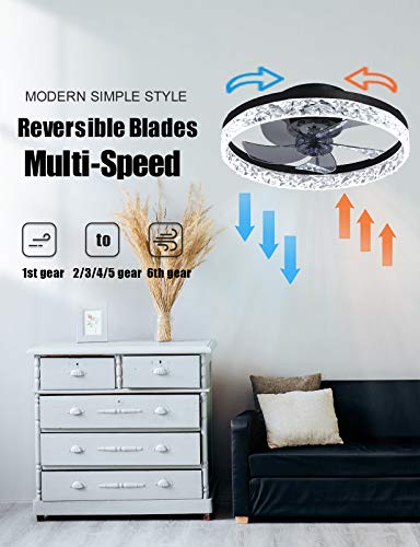 Qumfixpu 20" Round Flush Mount Ceiling Fan With Lights, Modern Dimmable Led Low Profile Fan, Hidden Reversible Blades, Multi-Speed And Timing With Remote Control (Black) #TOP2