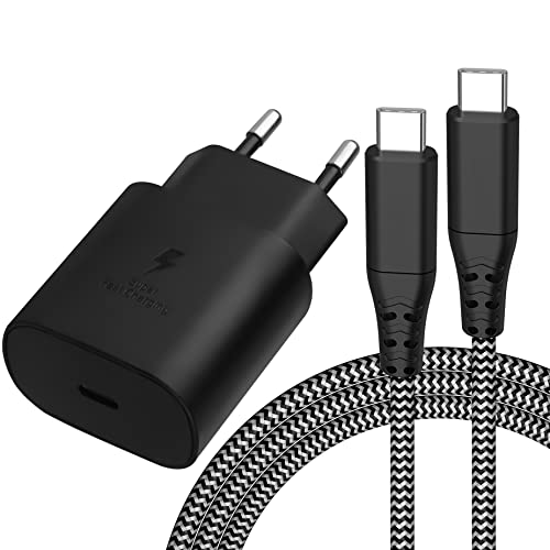 25W Schnellladegerät für Samsung, USB C Ladegerät PD 3.0 Ladestecker mit 2m USB C Nylonkabel Kompatibel für Samsung Galaxy S22/S21 Ultra/S21+/Z Flip 3/Z Fold 3 5G/S20/S10/A53/Note20/20 Ultra/Note10+ Cover