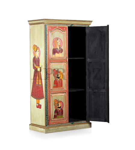 Image of APRODZ Hand-Painted Solid Wood Sideboard Cabinet with 2 Doors | Wooden Storage Cabinet for Bedroom Living Room & Kitchen | Crockery Cabinet, Kitchen Storage | Multicolor, 36x18x66 Inches