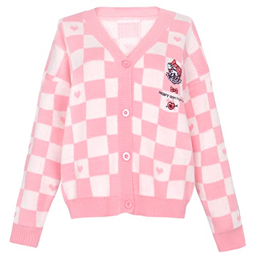 Iamacos Girls Kawaii Sweater Anime Plaid Cardigan Sweater For Women Cute Cinnamoroll Sanrio Knit Sweater School Uniform Pink S #TOP1