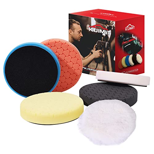 KUIMIT 7" Buffing Polishing Pads, 6Pcs 7 Inch 170mm for 6.7 Inch Backing Plate, Compound Buffing Sponge Pads and Woolen Pads Cutting Polishing Pad Kit for Car Buffer Polisher (Honeycomb Structure)