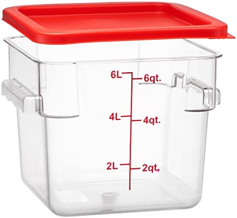 TigerChef 6 Quart Commercial Grade Clear Food Storage Square Polycarbonate Containers With Red Lids