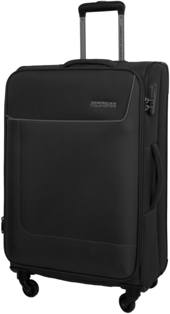 American Tourister Jamaica Suitcase, Check-In Size 69 cm / 25 inch, 4 Spinner Wheels, Soft Top, 100% Polyester, Black|TSA Lock|Expandable|Voluminous Front Pocket|Corner Guard – 3 Years Global Warranty American Tourister Jamaica Suitcase, Check-In Size 69 cm / 25 inch, 4 Spinner Wheels, Soft Top, 100% Polyester, Black|TSA Lock|Expandable|Voluminous Front Pocket|Corner Guard – 3 Years Global Warranty