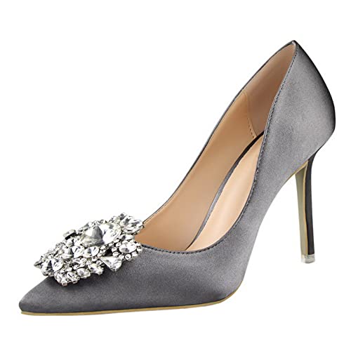 Zapatos de fiesta para mujer con tacón alto con hebilla de diamantes zapatos de noche para fiesta zapatos de novia para escote de satén de seda para mujer, gris, 39 EU Cover