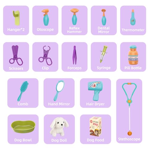 UNIH Vet Doctor Cart(24 pcs) for Toddlers 3-5, Kids Pretend Medical Play Set with Soft Plush Pet,Educational Doctor Play Set,Brithday for Boys Girls