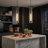 Knurldon 21.6'' Black Pendant Lights Set of 2, Modern Pendant Lights Kitchen Island, Large Kitchen Pendant Lighting Over Island,Long Adjustable Height Glass Pendant Light Fixtures, Included E12 Bulbs