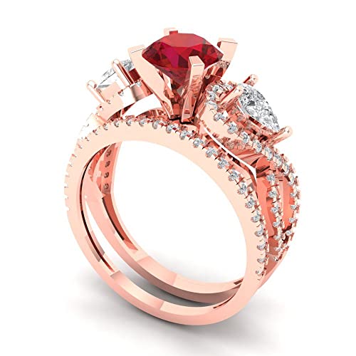 Clara Pucci 1.93 tcw Round Cut Ruby Wedding Ring Set for Women | 14K Rose Gold 2-Piece Womens Anniversary Ring for her, Womens Solid Gold Stackable Eternity Band and Vintage Gold Ring2