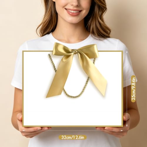 Image of JMANNI Gift Bags with Handles, 13 inch Medium Gift Bag for Presents, 1 Pcs Bags with 2 Tissue Paper and 1 Cards for Graduation Baby Shower Wedding Fathers Day Mother's Day Birthday Party(white-gold)