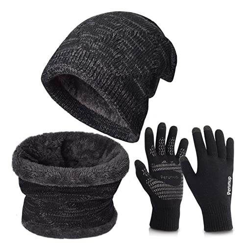 Petrunup Conjunto Gorro Guantes Bufanda Hombre con Forro Polar Suave y Cálido, Gorro Guantes y Calentador Cuello de Punto para Esquiar al Aire Libre, Negro
