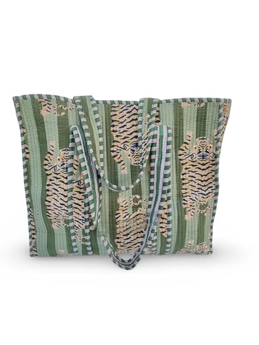 Image of Cotton Tiger Block Print Tote Bag, Indian Handmade Shopping Shoulder Bag, Unisex Market Daily Use