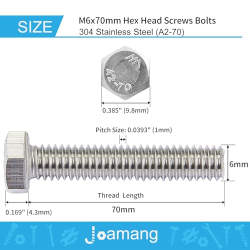 Image of M6-1.0 x 70mm Hex Head Screws Bolts, M6 x 1.0 Bolt, 304 Stainless Steel(A2-70), Hexagon Head Bolts, Metric Fully Thread, Bright Finish, Quantity 10