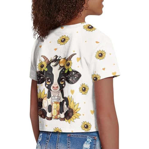 Image of Girls Crop Tops Cute Short Sleeve Shirts Fashion Tees for Kids Casual Crewneck Blouses Size 8-16 Years