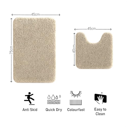 Image of LUXE HOME INTERNATIONAL Polyester Contour Bath Mat - Washable, Anti Skid, Water Absorbent Contour Mats for Bathroom, Toilet, Wash Basin & Bathroom Contour Mat Set (Beige, 45x 75 cm & 40x45)