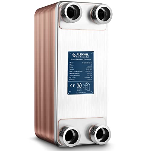 Alecoil 5"x12" 50 Plates Heat Exchanger with 1-1/4" MPT Port Water to Water 316L Stainless Steel Brazed Plate Heat Exchanger for Water Heating, Floor Heating, Commercial and Industrial Refrigeration