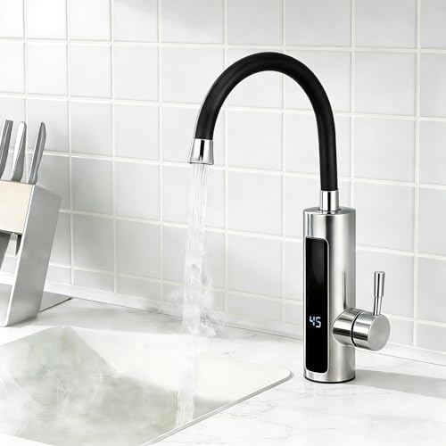 Calentador de Agua Electrico Instantaneo, 3000 W Grifo de Cocina con Indicador de Temperatura LCD, 360° Flexible Rotación, para Cocina Jardín Baño