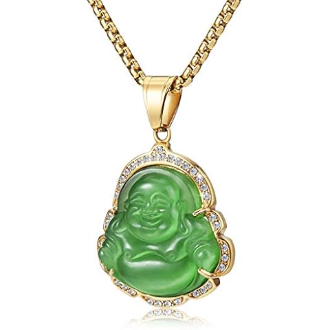 MASARWA Lucky Laughing Green Buddha Pendant Necklaces Amulet Jewellery Gifts for Men Women Boys 60cm Cover