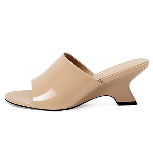 DOEYG Nude Peep Toe Wedges Sandals for Women Kitten Heel Mule Sandals Comfortable Dressy Slip on Summer Slide Sandal