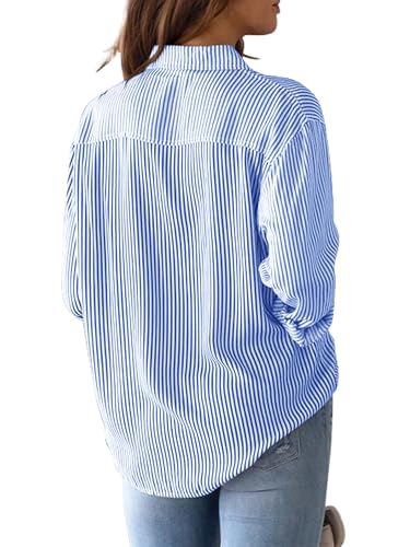 Womens Button Down Shirts Cotton Striped Dress Shirt Long Sleeve Collared Office Work Pinstripes Blouses Tops2