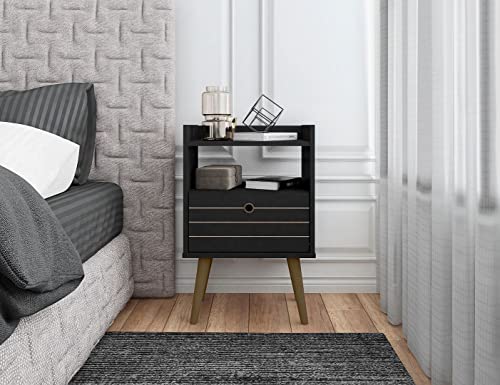 Manhattan Comfort Bogart Mid Century Modern Nightstand With Open Shelf And Drawer, Accent Bedside Or End Table For Bedroom Or Living Room, Black #TOP1
