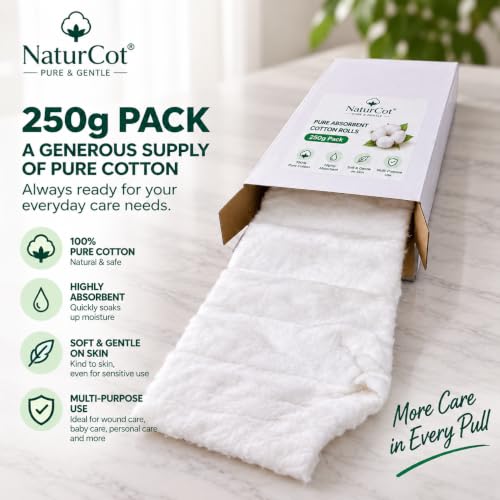 Image of Premium Absorbent Cotton Zig Zag Roll (250g Net Weight without paper) | Soft & Highly Absorbent | Coreless & Pure Cotton for Makeup Removal, Baby Care, Skincare & Everyday Wellness (No Paper Tube) (1, 250 gram)