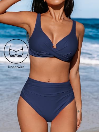 CUPSHE Women's Bikini Sets High Waisted Swimsuit Underwire Adjustable Straps Twisted Hook Full Coverage Bottom4