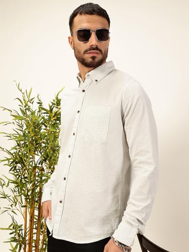 Image of Thomas Scott Men's | Slim Fit | Striped Design | Button-Down Collar | 100% Cotton Casual Shirt for Mens