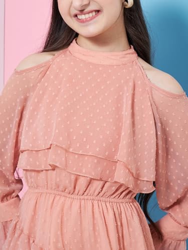 Image of Pspeaches Girl's Self Design Halter Neck Bell Sleeves Layered Ruffled A-Line Dress Orange Color Stylish & Trandy