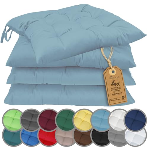 NatureMark Lot de 4 Galettes de Chaises avec Rubans 40x40 cm – Coussin de Chaise Épais pour Intérieur & Jardin – Couleur Bleu Clair