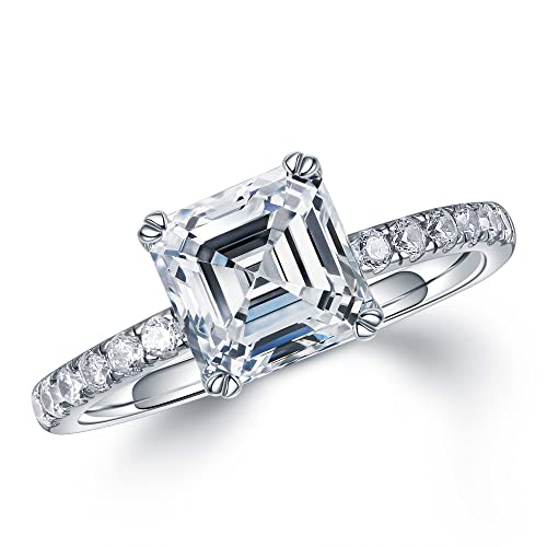 MOOSEA Asscher Moissanite Engagement Ring for Women, 1.5ct D Color VVS1 Clarity Lab Created Moissanite Rings 14K White Yellow Rose Gold Vermeil Double Claw Moissanite Rings for Women with Side Stones