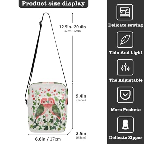 Valentine Clover Flowers Love Bird messenger bag cute mens crossbody Shoulder Handbag For Travel Adjustable Strap for work Outdoor Daily3