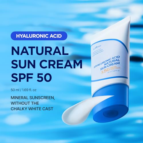 ISNTREE Hyaluronic Acid Natural Suncream SPF 50, Mineral Sunscreen, Gentle Tone-Up Effect, Hydrating Daily Sun Cream, Sensitive Skin Friendly, Korean Skincare, 50ml