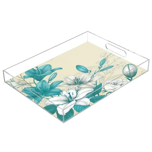 BOESI Doodle Colorful Flower Pattern Acrylic Decorative Dining Tray, Acrylic Decorative Tray Organizer with Handle for Kitchen, Dining Room, Bathroom, Dresser