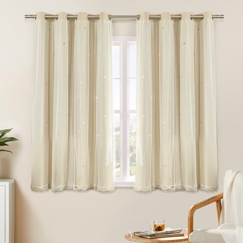 Image of XiDi Beige Curtains with Sheer Overlay for Living Room Bedroom 2 Panels Star Hollow Out 80% Blackout Double Layer Curtains for Kids Girls Room Darkening Grommet Window Drapes with Tiebacks W52 X L54