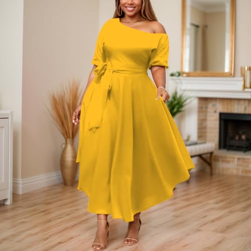 Image of Plus Size Women Wedding Guest Dress Off Shoulder Boat Neck Irregularly Flowy Midi Church Dress