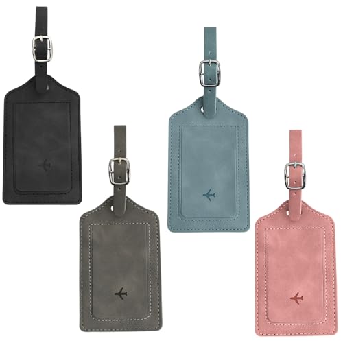 Lot de 4 Etiquette Valise, Étiquette Bagage en Cuir, Etiquette Valise Voyage Avion avec Boucle Réglable, Inscriptible, Accessoire Voyage pour Sacs à dos, Valises, Sacs à Main
