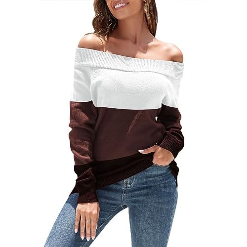 Pink Queen Women's 2024 Fall Sweater Oversized Long Sleeve Off The Shoulder Sweaters Color Block Knit Pullover Jumper Tops Medium Khaki