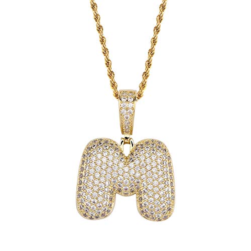 HECHUANG Micropave Simulated Diamond Iced Out Bling Custom Letters Pendant with Rope Chain (M Gold, 24)