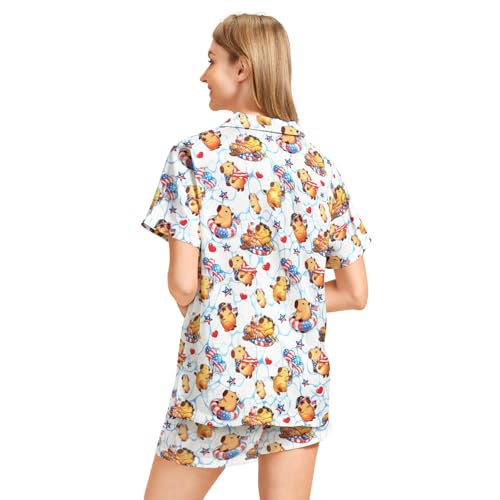 Image of Funny Pajamas for Women Set Print Satin Loungewear Pjs Short Sleeve Button Down Top and Shorts Sets Sleepwear XS-3XL