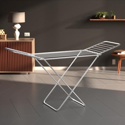 Amazon Basics 3-Way Foldable Cloth Drying Stand – Lightweight Mild Steel Collapsible Rack with 20 Rails & 42 Ft Rack Length (Silver)