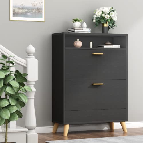 Gyfimoie Shoe Storage Cabinets, Free Standing Shoe Organizer With 2 Flip Drawers For Entryway, Narrow 3 Tier Entryway Hidden Shoe Rack With Doors (Black) #TOP5