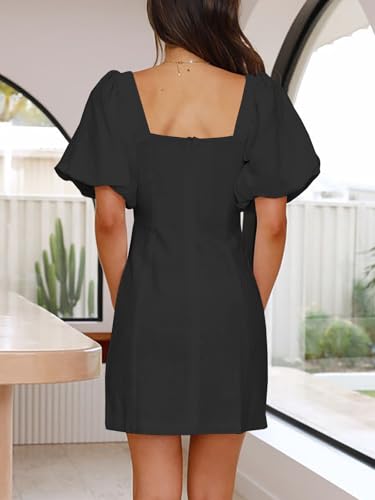 Women's Square Neck Short Puff Sleeves Mini Dresses Stretch Slim Casual Dress with Zipper2